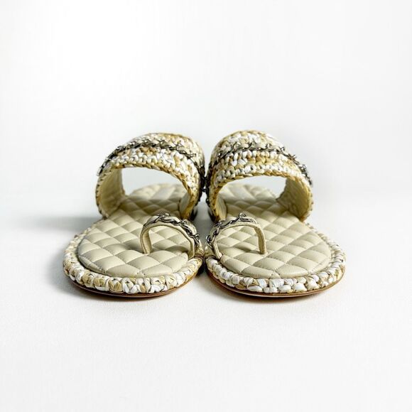 CHANEL Raffia Beige Leather Chain CC Logo Sandals Size 40 Open Toe Ring Slide - Picture 5 of 12